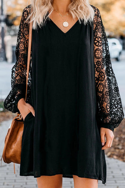 Black Lace Long Sleeves Shift Above Knee Dress