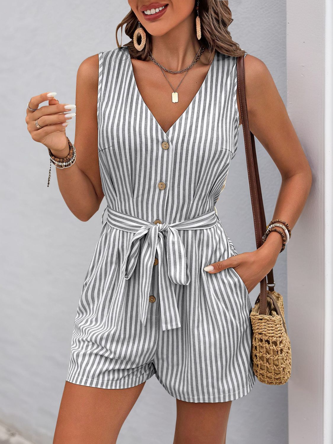 Perfee Striped V-Neck Tie Waist Romper