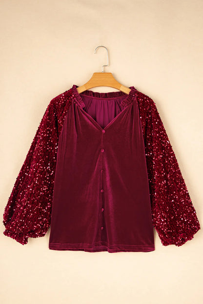 Sequin Notched Long Sleeve Blouse