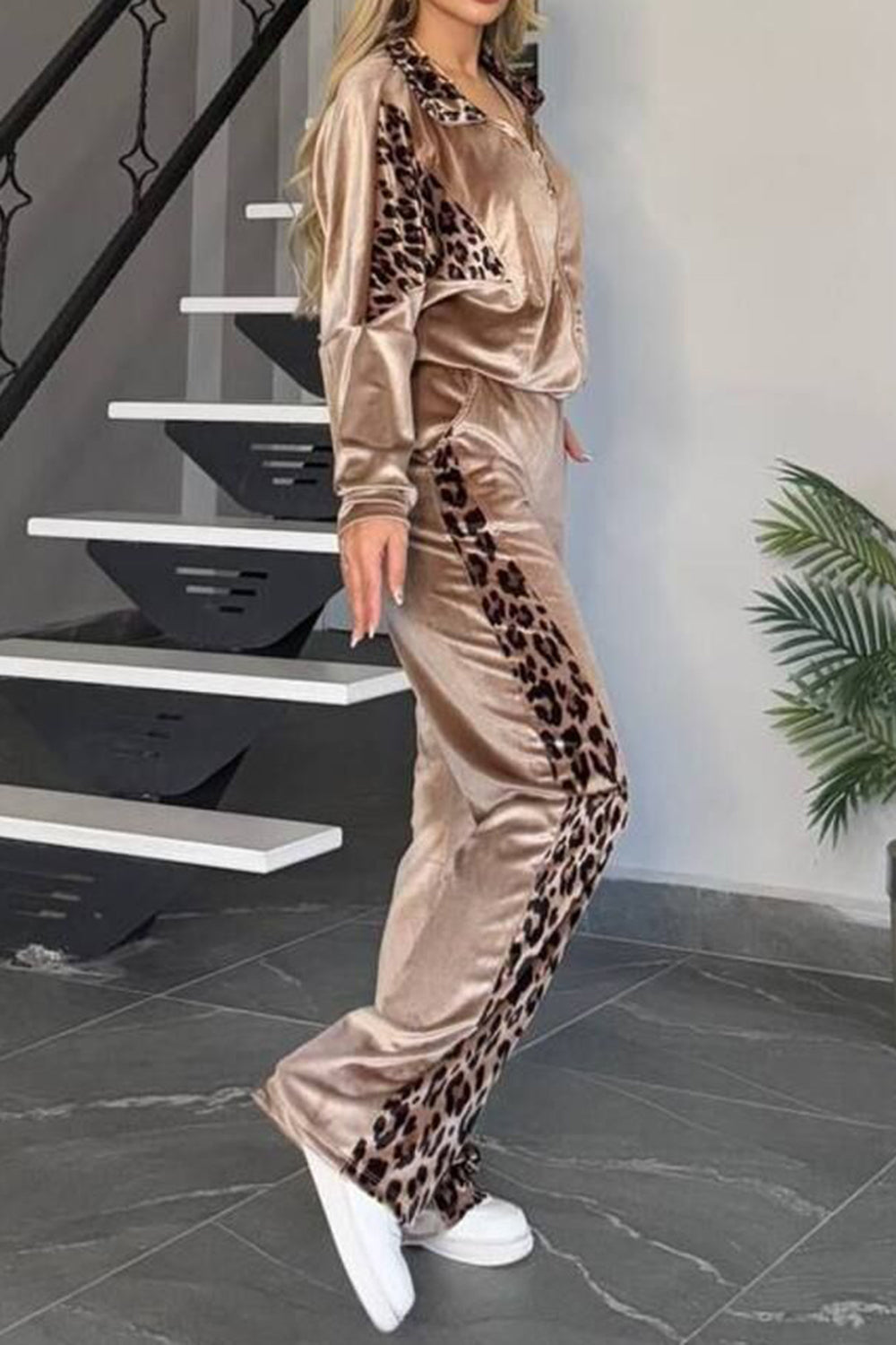 Full Size Collared Neck Leopard Zip Up Top and Pants Set Plus Size