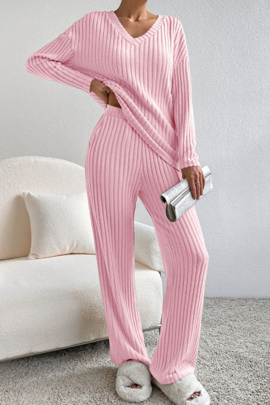 Ribbed V-Neck Top and Pants Lounge Set