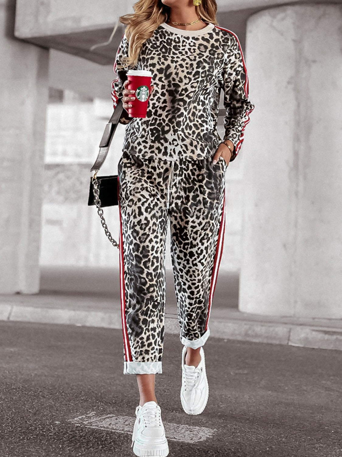 Leopard Round Neck Long Sleeve Top and Pants Set