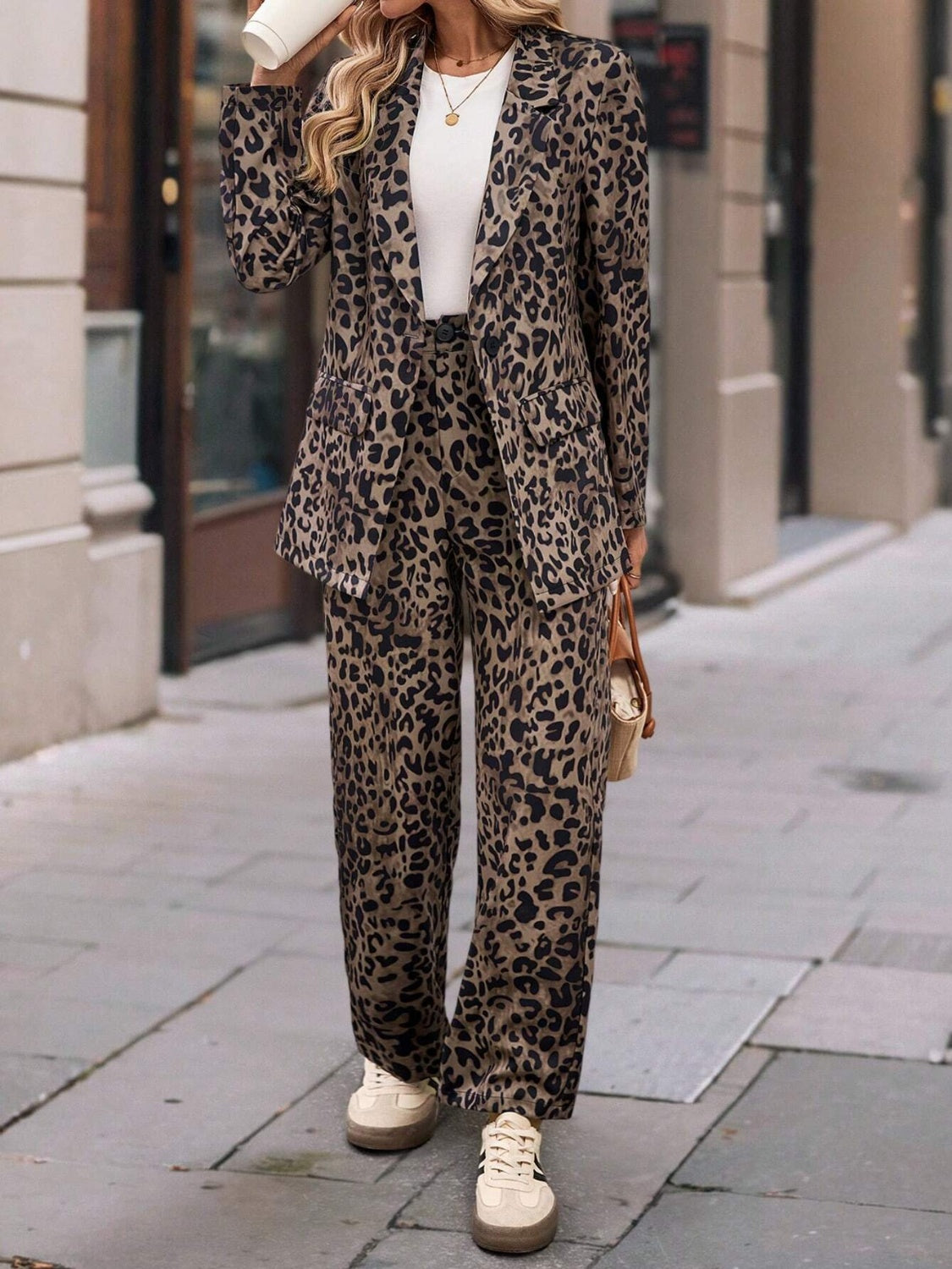 Full Size Leopard Lapel Collar Long Sleeve Blazer and Pants Set