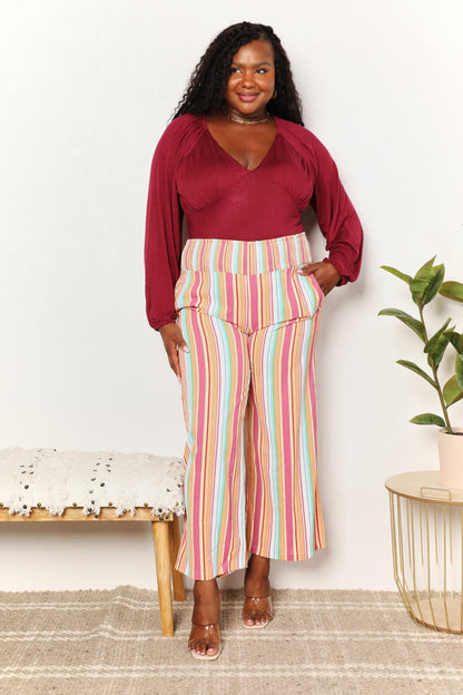 Double Take Striped Smocked Waist Pants with Pockets