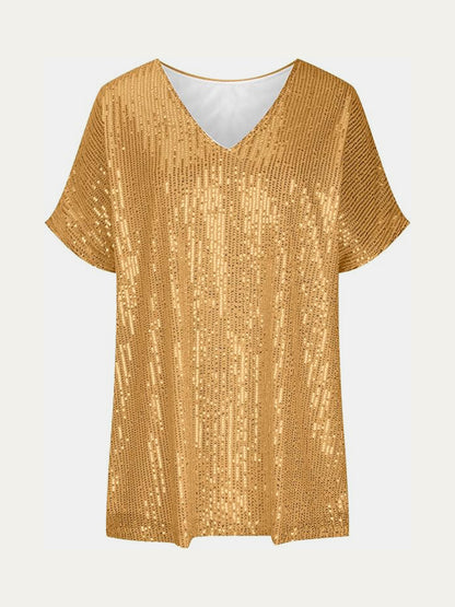 Full Size Sequin V-Neck Short Sleeve Top