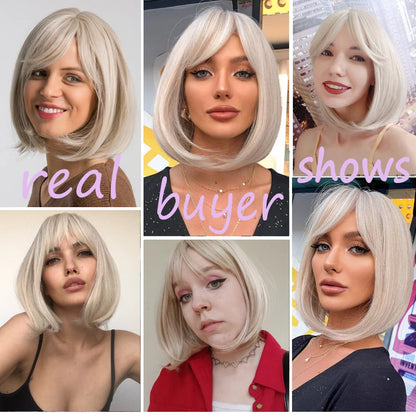 White Blonde Gray Synthetic Wigs with Bangs Short Straight Bob Hair