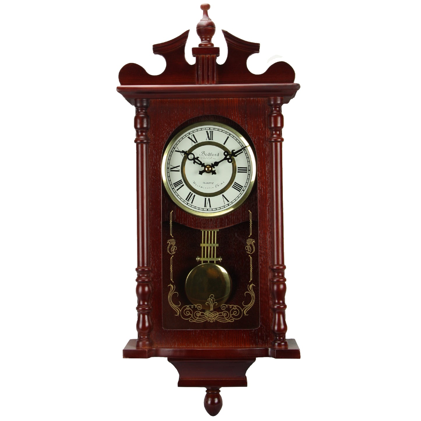 Bedford Collection 25 Inch Wall Clock with Pendulum and Chime in Dark Redwood Oak Finish