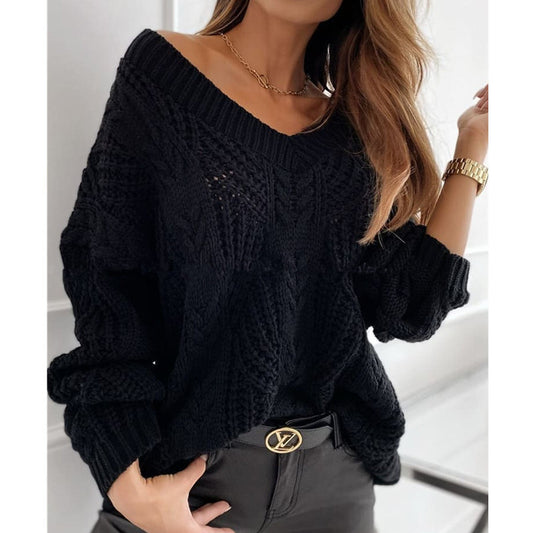 Winter New V-neck Lazy Temperament Loose Hollow European and American Pullover Mohair Solid Color Sweater