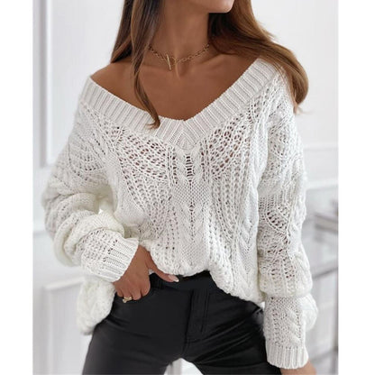 Winter New V-neck Lazy Temperament Loose Hollow European and American Pullover Mohair Solid Color Sweater