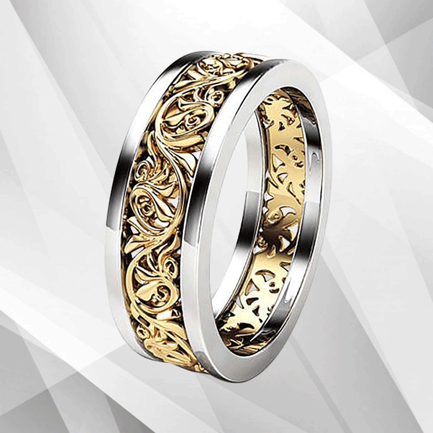 Two Colour 18Ct Yellow And White Gold Over Celtic Wedding Ring Band