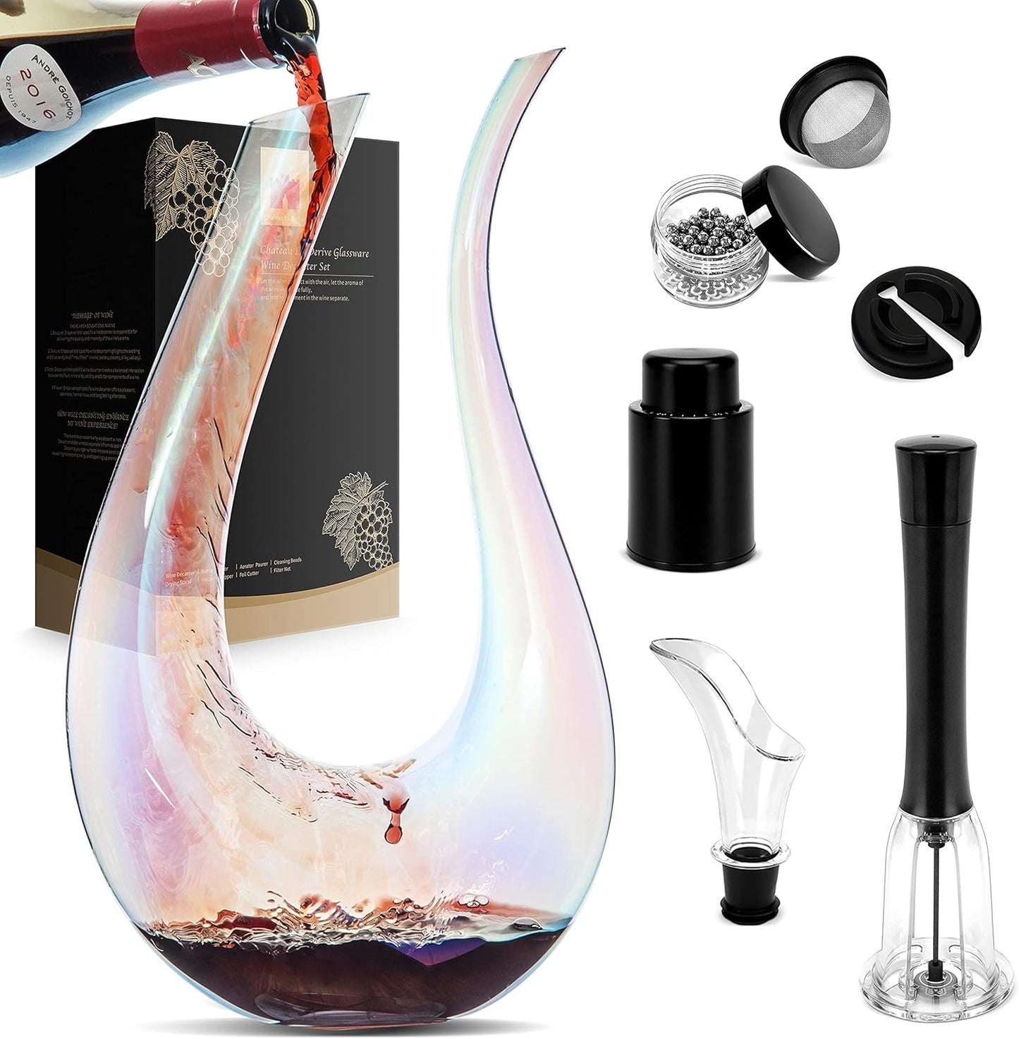 Wine Decanter Set, 1200ml Red Wine Iridescent Carafe With Bottle Opener, Stopper, Cleaning Beads and Wine Pour, Colorful Wine Aerator Gift Set Wine breather, Lead-free Crystal Glass Wine Accessories