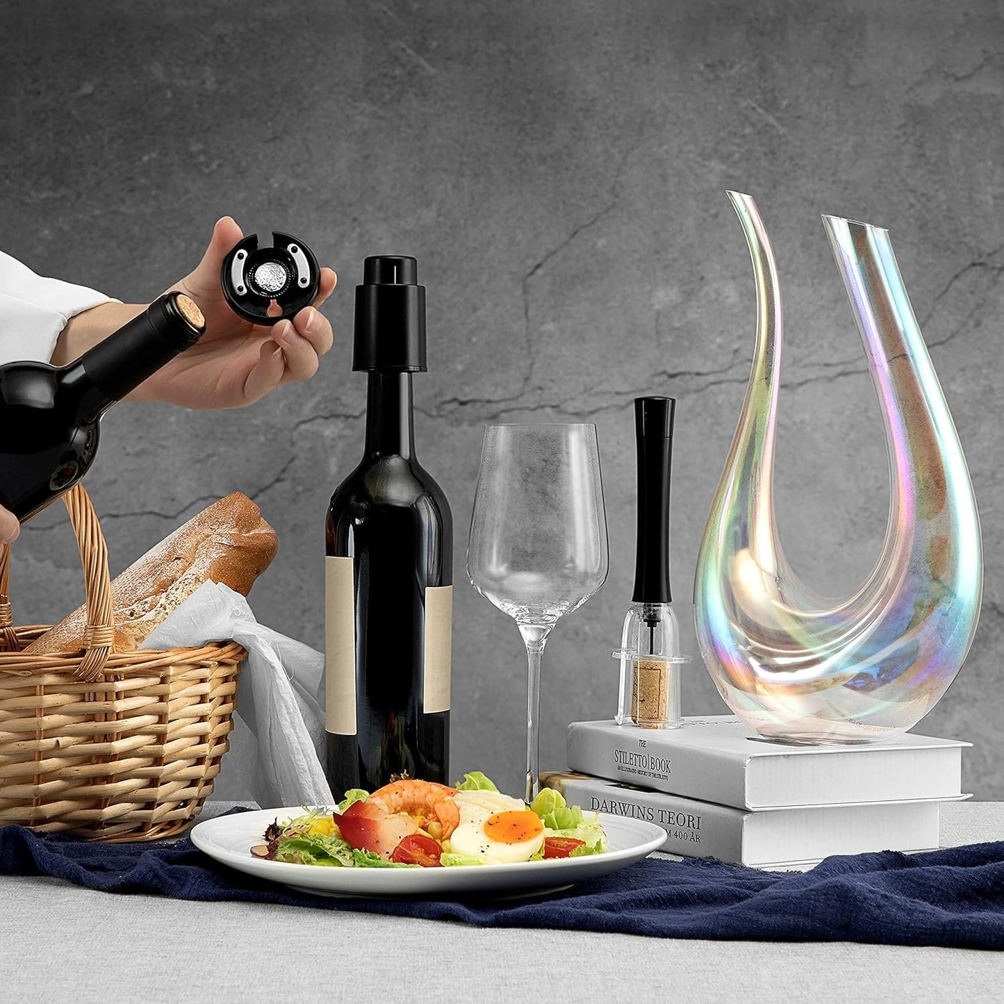 Wine Decanter Set, 1200ml Red Wine Iridescent Carafe With Bottle Opener, Stopper, Cleaning Beads and Wine Pour, Colorful Wine Aerator Gift Set Wine breather, Lead-free Crystal Glass Wine Accessories