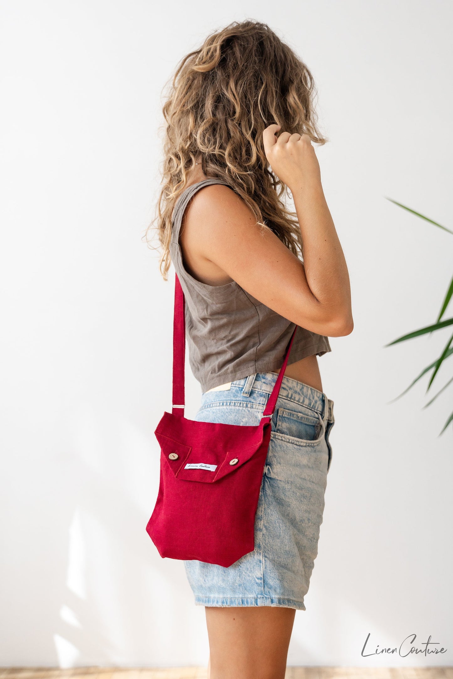 Cyclamen Red Linen Shoulder Bag with Coconut Buttons and Adjustable