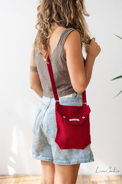 Cyclamen Red Linen Shoulder Bag with Coconut Buttons and Adjustable