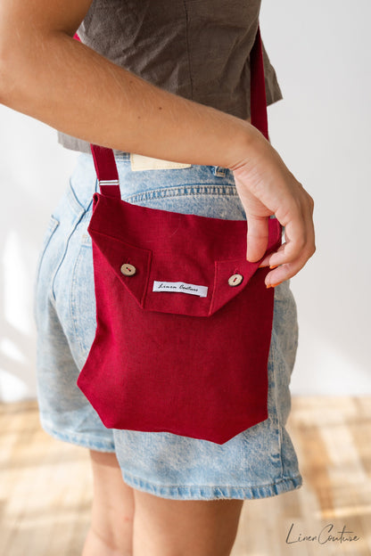 Cyclamen Red Linen Shoulder Bag with Coconut Buttons and Adjustable