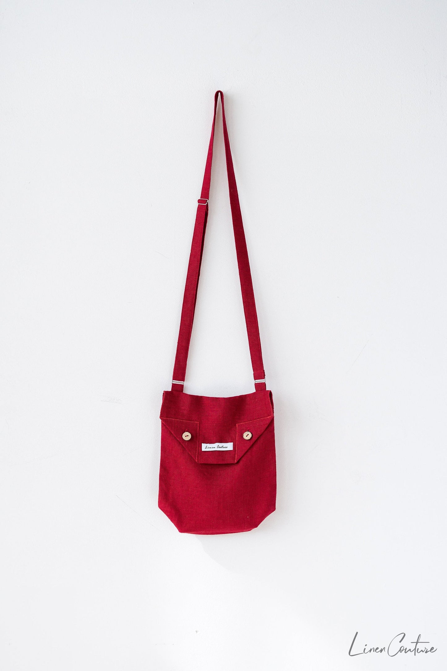 Cyclamen Red Linen Shoulder Bag with Coconut Buttons and Adjustable