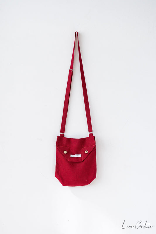 Cyclamen Red Linen Shoulder Bag with Coconut Buttons and Adjustable