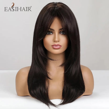 EASIHAIR Dark Brown Black Synthetic Wigs with Bangs Medium Straight