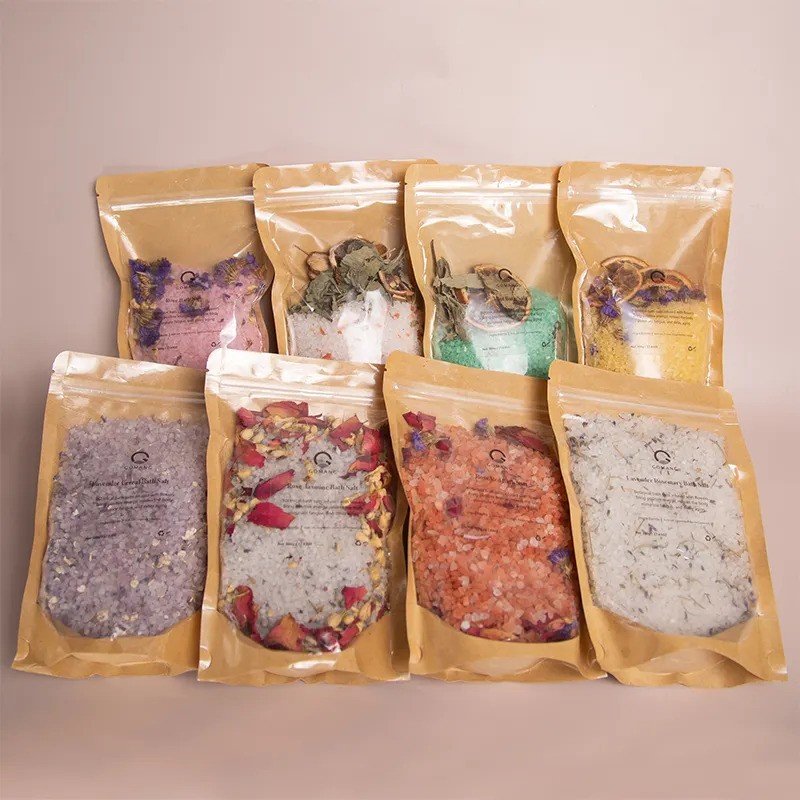 Low MOQ Custom Private label bath salts flower containers organic dead sea Himalayan luxury bath salts with flowers