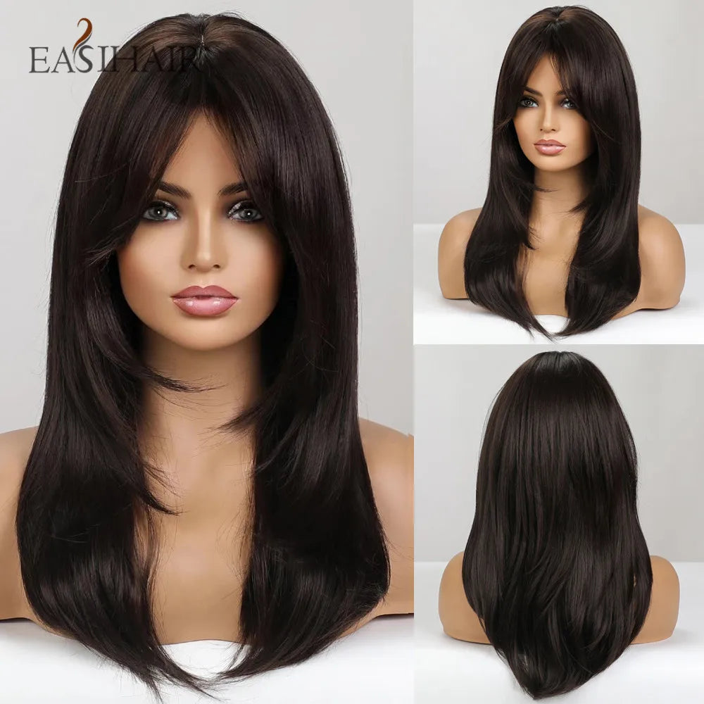 EASIHAIR Dark Brown Black Synthetic Wigs with Bangs Medium Straight