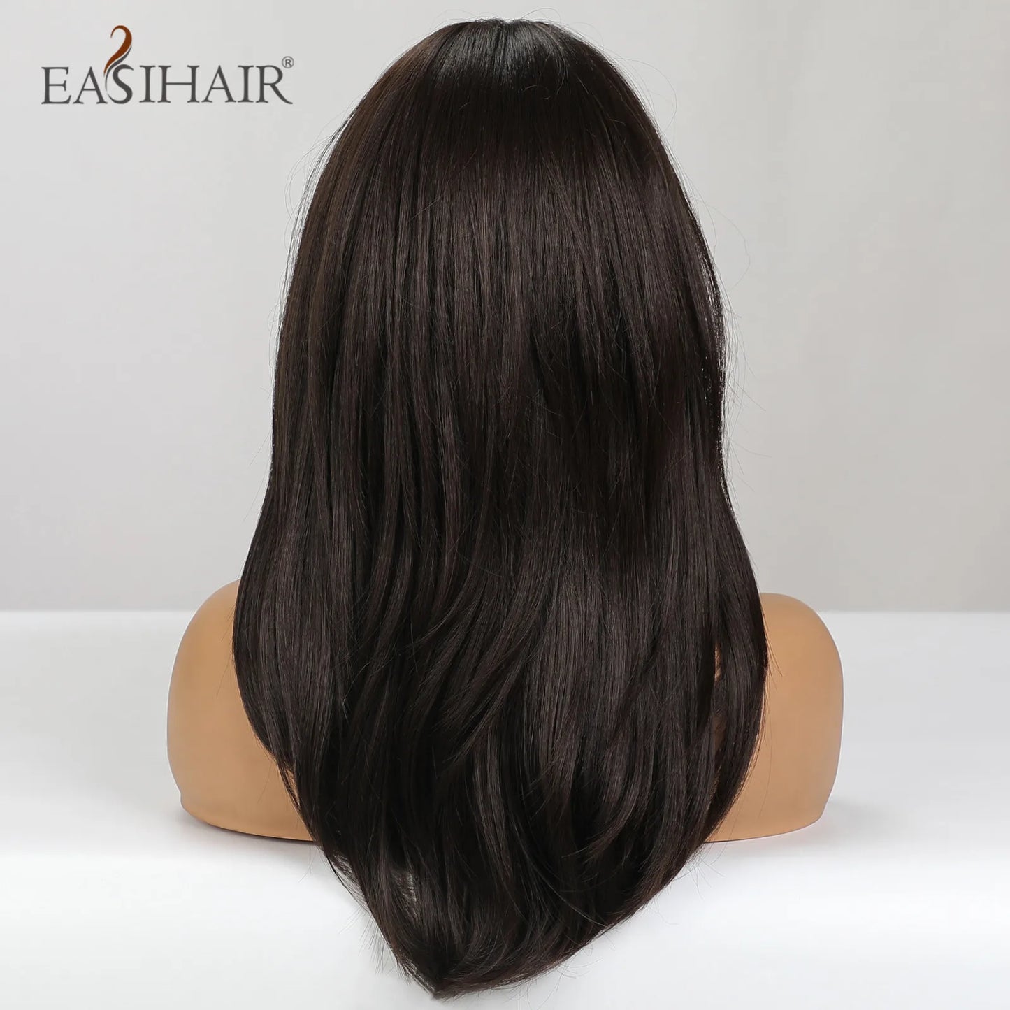 EASIHAIR Dark Brown Black Synthetic Wigs with Bangs Medium Straight