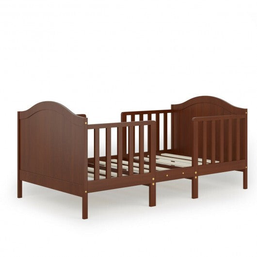 2-in-1 Classic Convertible Wooden Toddler Bed with 2 Side Guardrails for Extra Safety-Brown - Color: Brown