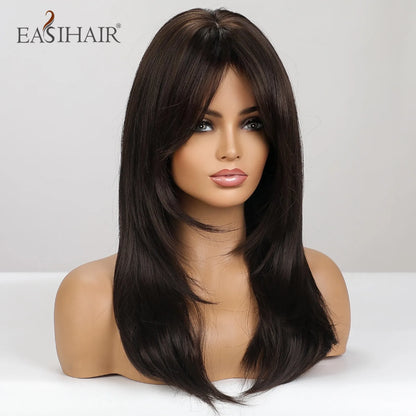 EASIHAIR Dark Brown Black Synthetic Wigs with Bangs Medium Straight