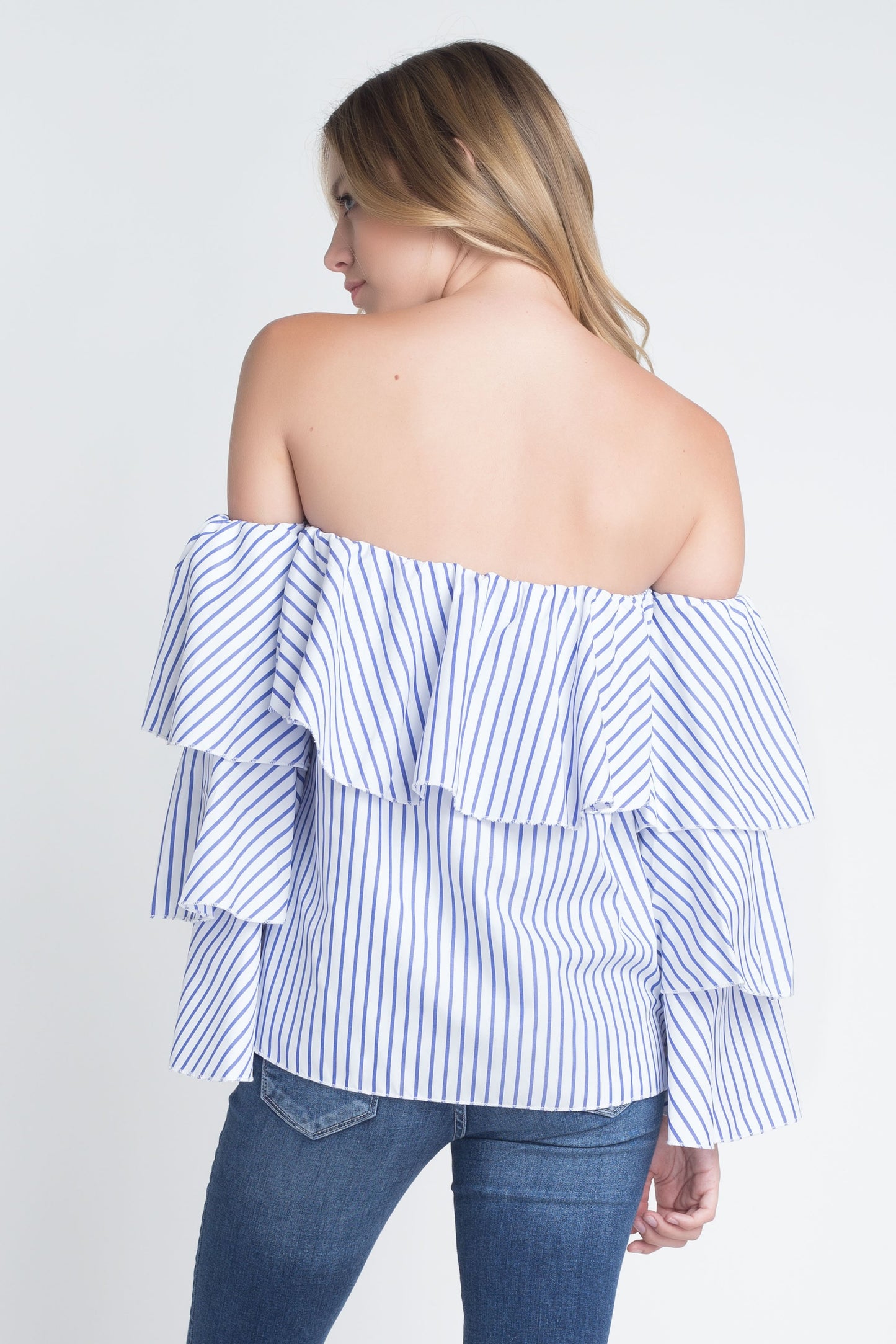 Women's Off Shoulder Stripe Ruffle Long Sleeve Top