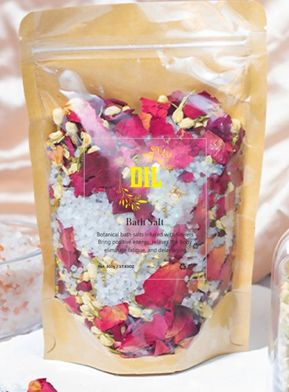 Low MOQ Custom Private label bath salts flower containers organic dead sea Himalayan luxury bath salts with flowers