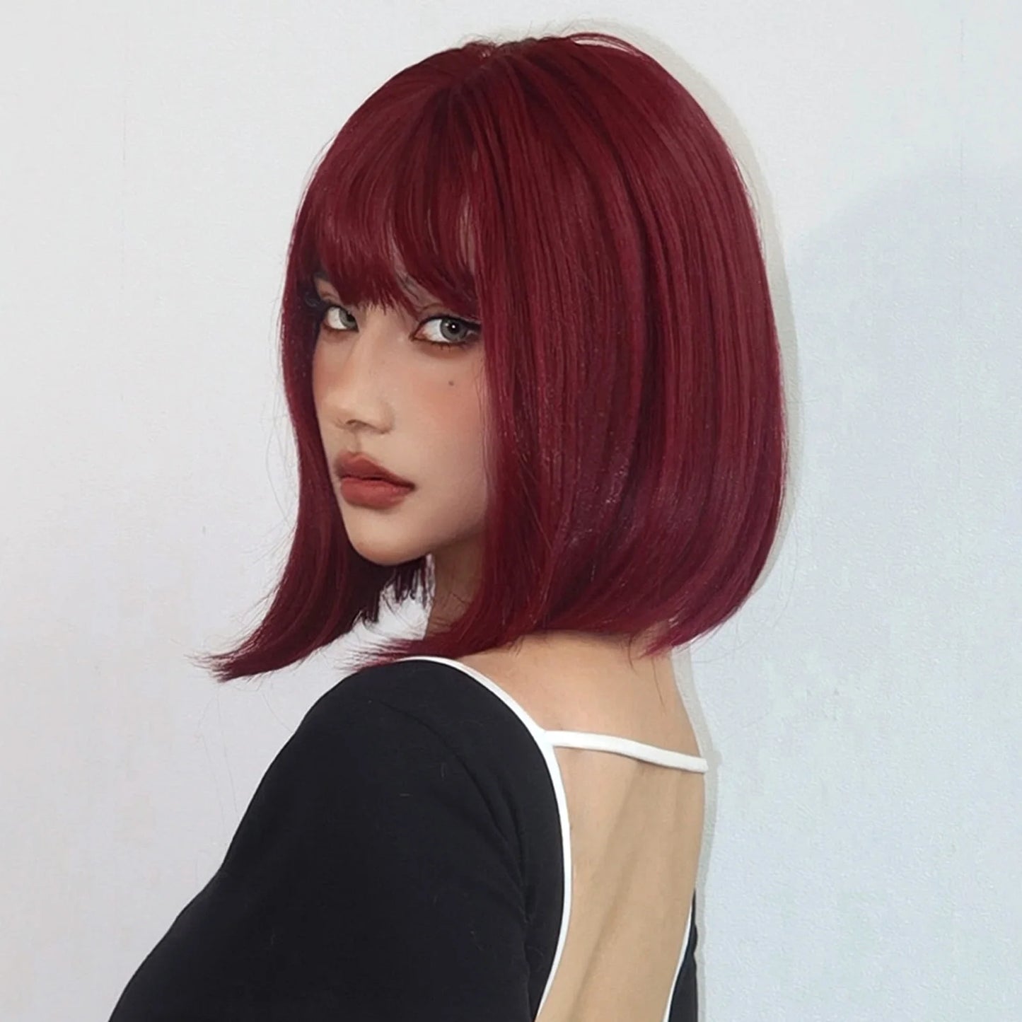 Wine Red Bob Wigs Short Straight Synthetic Wig for Women Burgundy