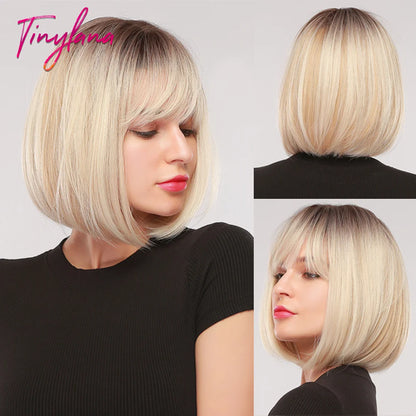 White Blonde Gray Synthetic Wigs with Bangs Short Straight Bob Hair