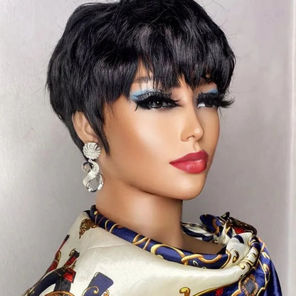 Brown Short Pixie Cut Wig Human Hair For Black Women Machine Made Wigs