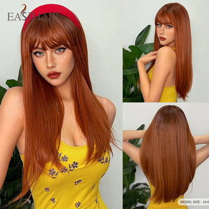 EASIHAIR Long Silky Straight Synthetic Wigs with Bangs Black Cosplay