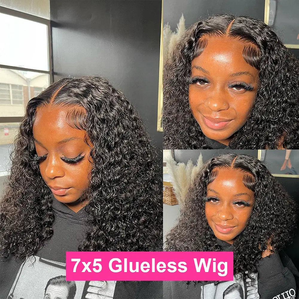 Hair Color: #1B, Ships From: United States, Stretched Length: 10inches, Density: 150% - Water Wave Bob Wig Glueless Preplucked Human Wigs Ready To Go 13x4 Frontal Brazilian Wigs HD Transparent Lace Wig Deep Curls