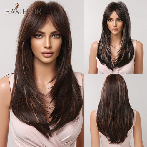 EASIHAIR Dark Brown Black Synthetic Wigs with Bangs Medium Straight