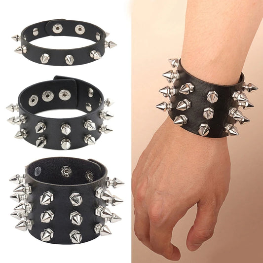 2024 Pu Leather Studded Bracelet Choker Punk Spike Rivets Cuff Black