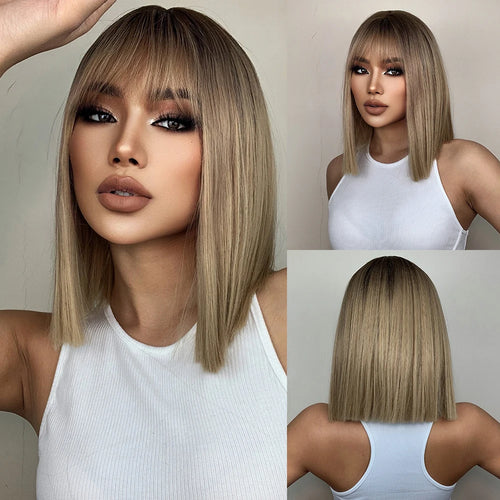 White Blonde Gray Synthetic Wigs with Bangs Short Straight Bob Hair