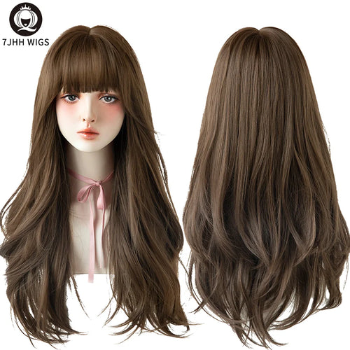 7JHH WIGS Popular Brown Ash Long Deep Wave Hair Lolita Wigs With Bangs