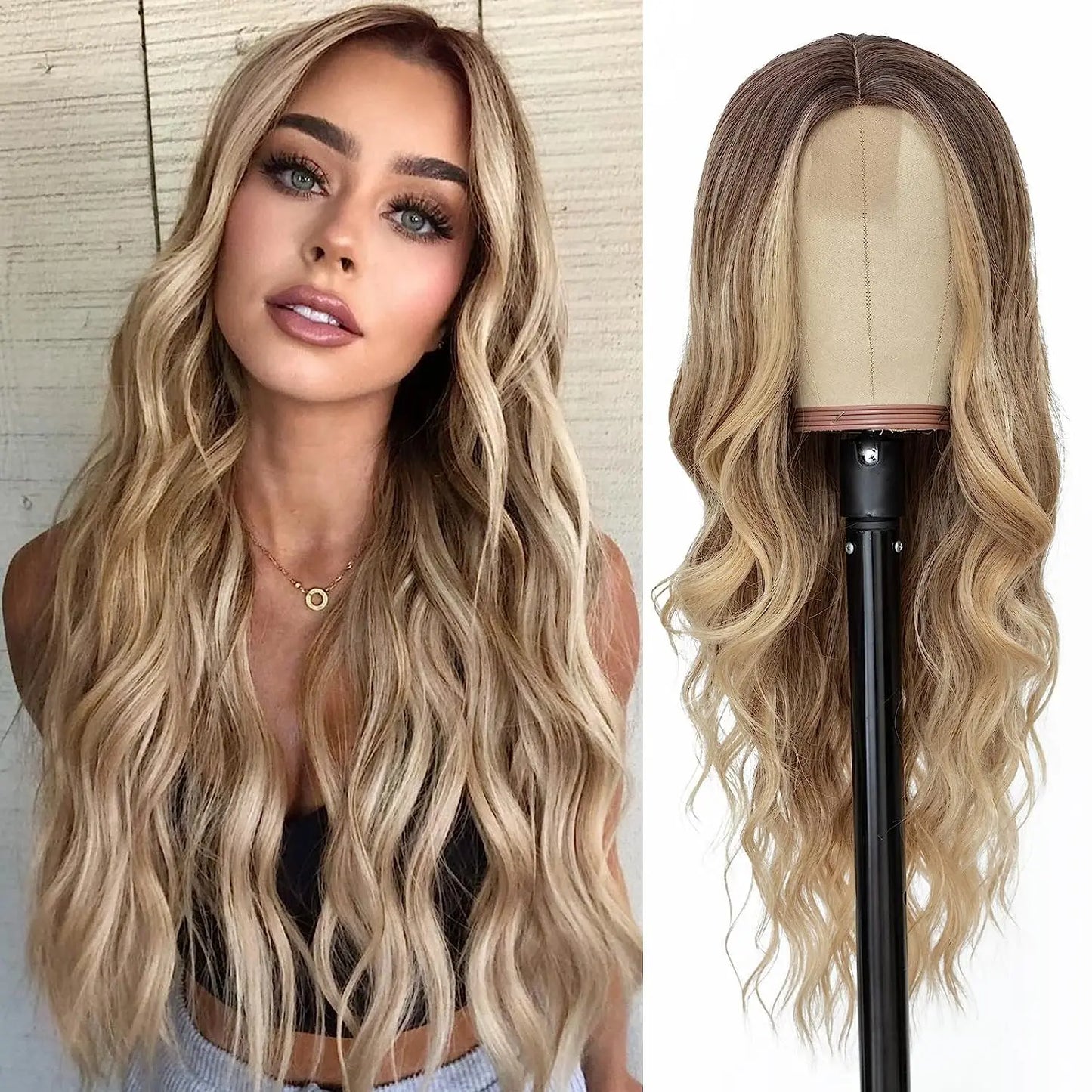 Synthetic Long Lace Ombre Blonde Wavy Wig for Women 26 Inch Middle