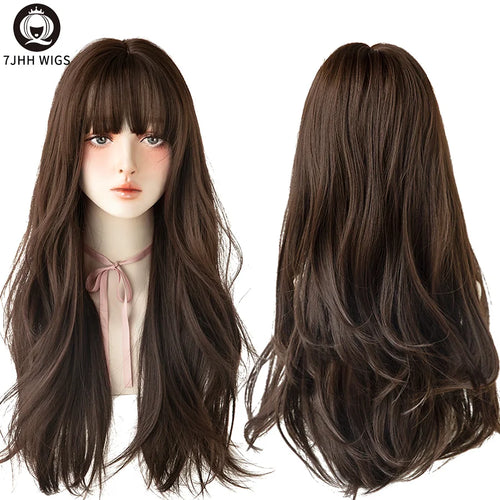 7JHH WIGS Popular Brown Ash Long Deep Wave Hair Lolita Wigs With Bangs