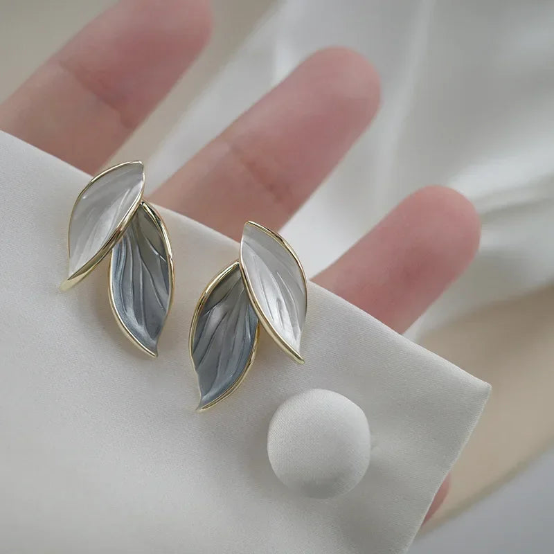 LATS New Korean Arrival Metal Trendy Fresh Lovely Sweet Grey Leaf Stud