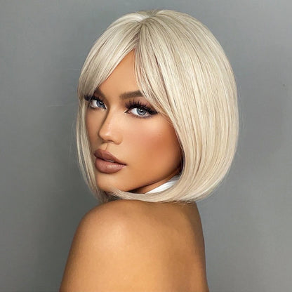 White Blonde Gray Synthetic Wigs with Bangs Short Straight Bob Hair