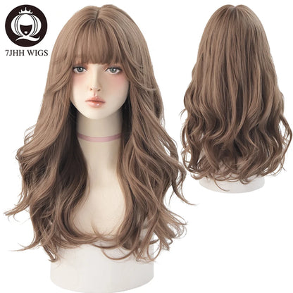 7JHH WIGS Popular Brown Ash Long Deep Wave Hair Lolita Wigs With Bangs