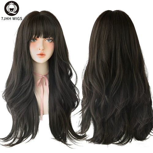 7JHH WIGS Popular Brown Ash Long Deep Wave Hair Lolita Wigs With Bangs