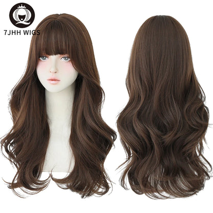 7JHH WIGS Popular Brown Ash Long Deep Wave Hair Lolita Wigs With Bangs