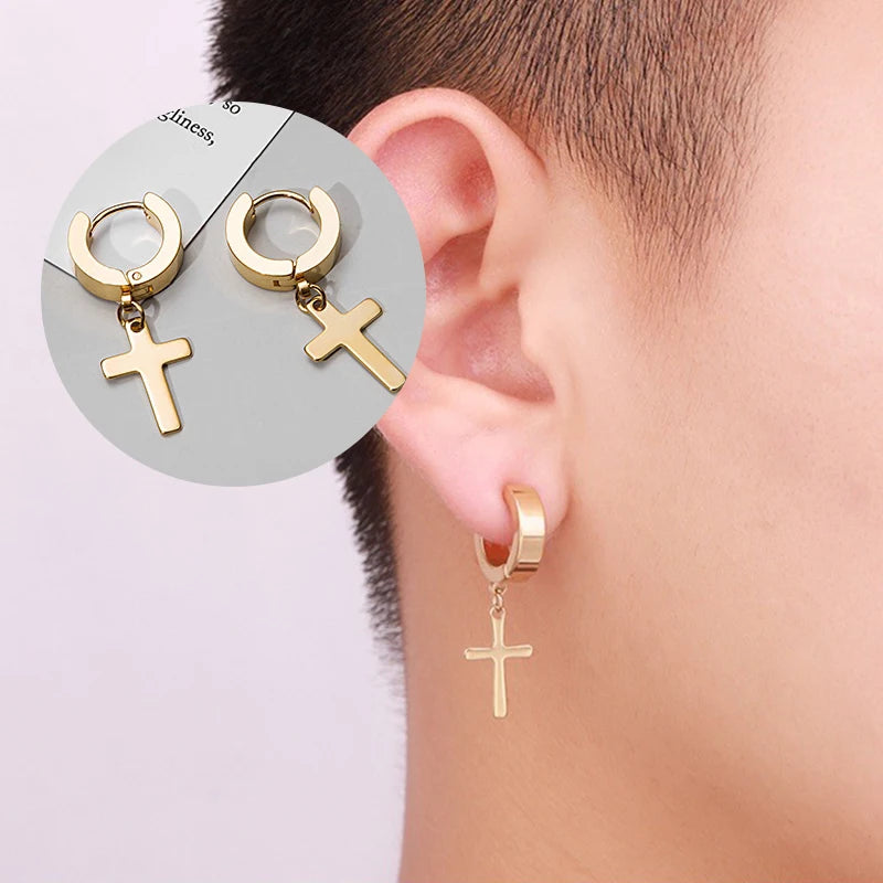 2pc Stainless Steel Men Cross Stars Punk Dangle Earrings Gothic Woman