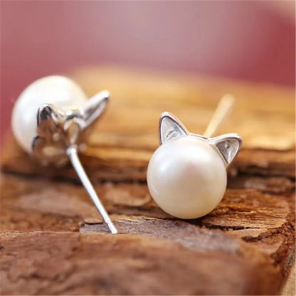 Fashion Earings Jewelry Silver Color Small Pearl Cat Stud Earrings for