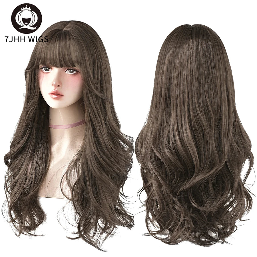 7JHH WIGS Popular Brown Ash Long Deep Wave Hair Lolita Wigs With Bangs