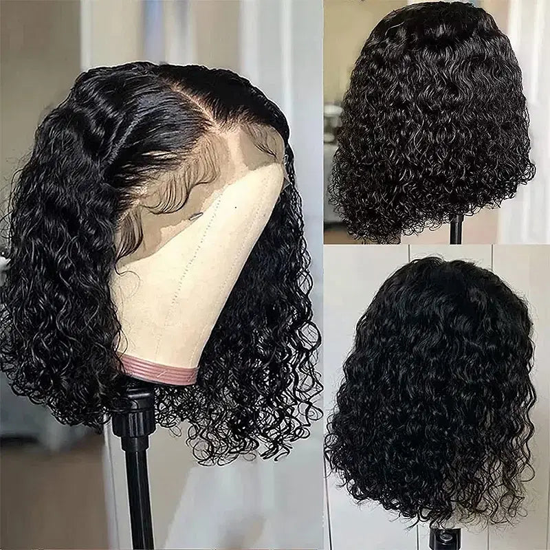 Density: 180%, Stretched Length: 10inches, Lace Wig Type: 4*4 - Deep Wave 180% Density Pre-Plucked Side Part Short Bob 13*4 Lace Frontal Brazilian Virgin Human Hair Wigs For Black Woman