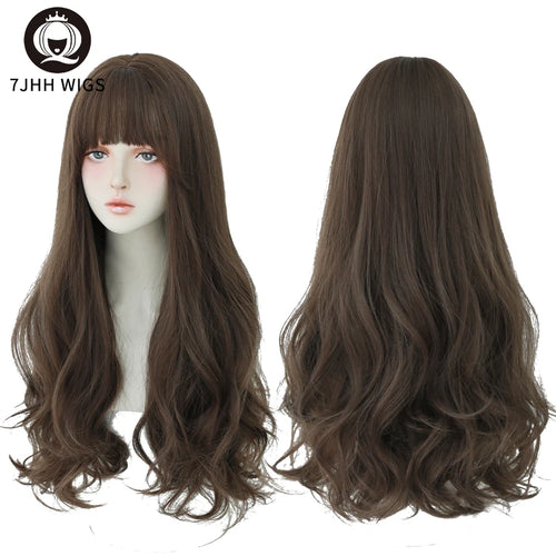 7JHH WIGS Popular Brown Ash Long Deep Wave Hair Lolita Wigs With Bangs